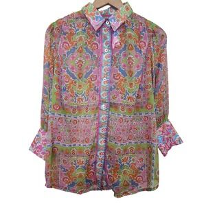 Gretchen Scott Boyfriend Shirt Watteau Small Turquoise Pink Mixed Paisley Sheer